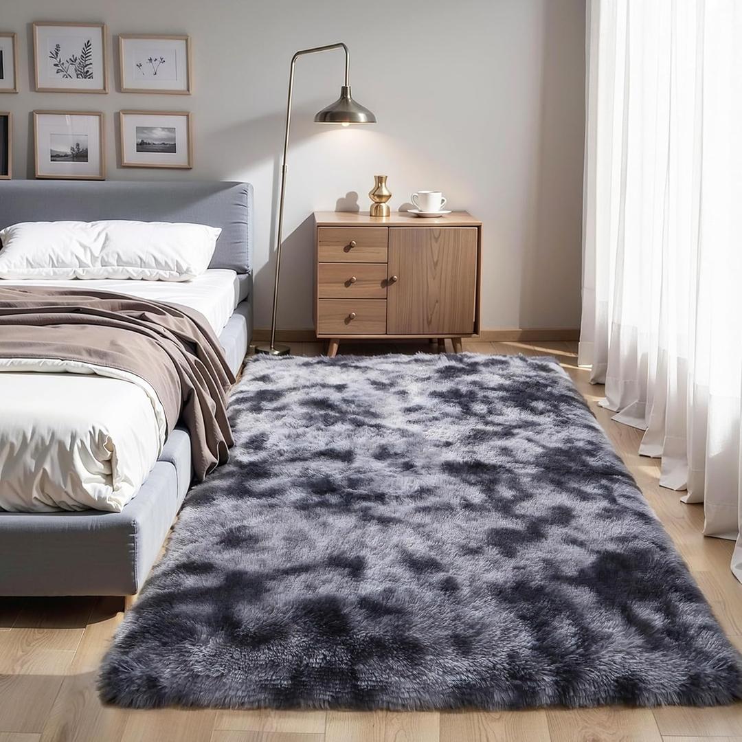 KICHOWUA Thick Area Rug Dark Grey Fluffy 4x6 for Bedroom Living Room Washable Plush Rug for Kids Baby Nursery Soft Shag Non Slip Comfy Shaggy Rugs for Dorm Fuzzy Floor Carpet, Tie-Dye Gray