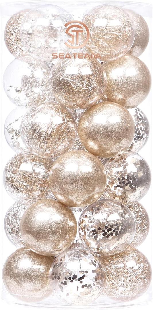 Sea Team 60mm/2.36" Shatterproof Clear Plastic Christmas Tree Ball Ornaments Set, Decorative Hanging Transparent Xmas Baubles with Stuffed Delicate Decorations (30 Counts , Champagne)