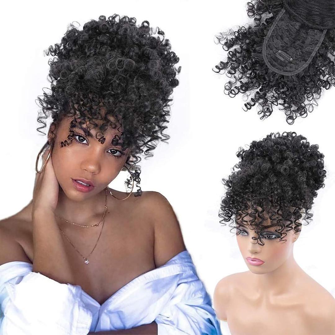 Drawstring Ponytail with Bangs Afro Puff Ponytail Extensions for Women Short Curly Puff Ponytail with Bangs Clip in Wrap Updo Hairpiece for Women(1B)