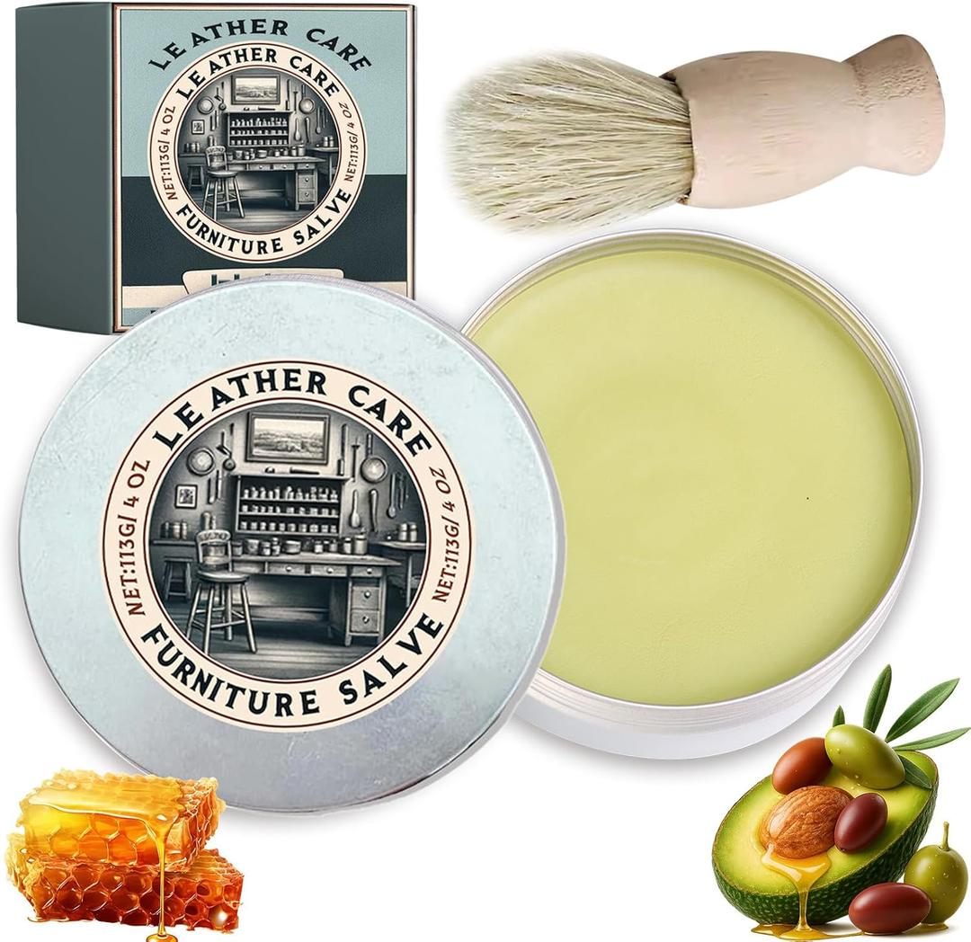 Leather & Furniture Repair Salve with Applicator Brush, 2025 Upgraded Leather Conditioner & Polisher, Natural Moisturizer Restorer for Wood, Couch, Car Seats & Shoes