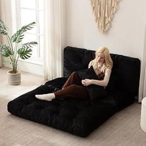 Folding Sofa Bed Bean Bag Bed, Foldable Bean Bag Couch Floor Couch for Adults with Velvet Fabric, Foldable Mattress with Back Support, Floor Sofa Lounge for Living Room Bedroom, Black, 80x54 In