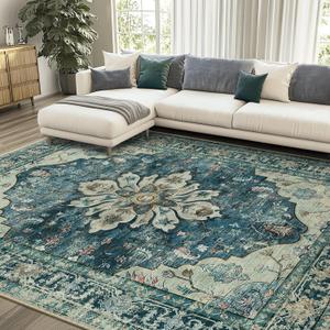 Area Rugs 8'x10' Washable Non-Slip, Floral Vintage Distress Print Pattern Medallion Carpet for Living Room Bedroom Dining Room, Dark Blue Vintage