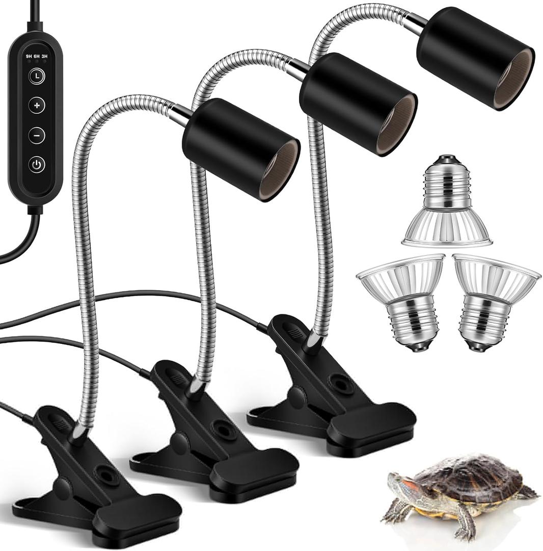 Hortsun 3 Set Timing Turtle Heat Lamp with Clamp Aquarium Turtle Tank Basking Light with Cycle Timer Dimmable 50w Uva Uvb Full Spectrum Sun Sunbathe Heat Bulb for Reptile Snake Aquarium Amphibian