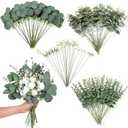 110 Pcs 7 Kinds Mixed Artificial Eucalyptus Stems and Faux Flowers, Fake Silver Dollar Eucalyptus Leaves Stems Bulk Real Touch Leaf Branches for DIY Bouquets Floral Arrangement Wedding Home Decor
