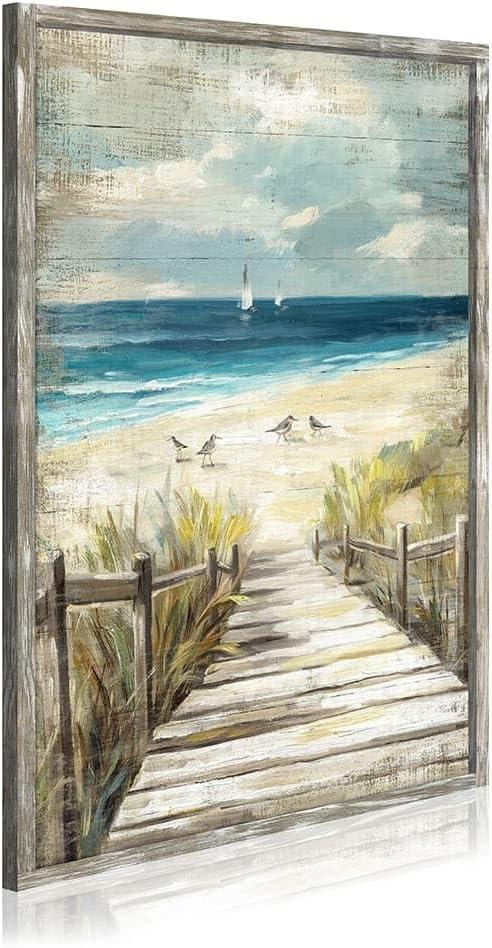 Framed Beach Seascape Wood Artwork: Vertical Rustic Ocean Boardwalk Artwork Vintage Coastal Wave Scene Painting Nature Sea Grass Wall Art Contemporary Nautical Landscape Prints for Bedroom (36L" x 24W")