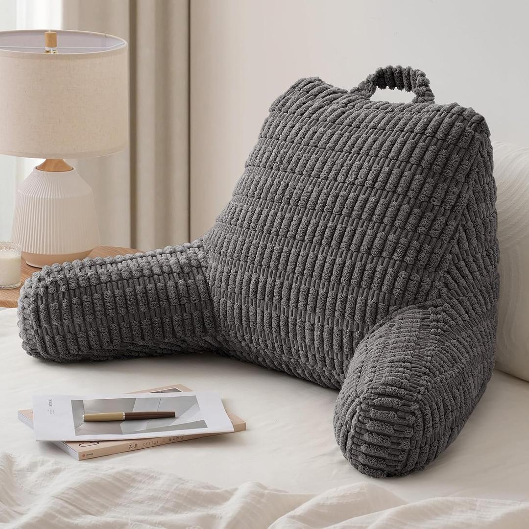 Blissful Diary Reading Pillow, Large Backrest Pillow with Shredded Memory Foam for Adult & Children, Designed for Bed and Couch Sitting Up, Includes Arms, Pockets and Washable Cover, Dark Gray