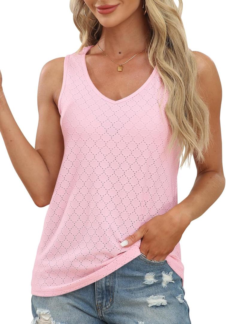Bluetime Womens Tank Tops Eyelet Embroidery V Neck Flowy Shirts Summer Sleeveless Casual Blouse, L, Pink