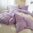 IHOUSTRIY Duvet Cover Full Size,100% Washed Microfiber 3pcs Bedding Duvet Cover Set, Pom Poms Fringe Solid Color Soft and Breathable with Zipper Closure & Corner Ties (Purple, Full)