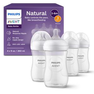 Philips Avent Natural Baby Bottles with Natural Response Nipples (Medium Flow, Flow 3), 9oz, 4-Pack, SCY903/04 (Clear)