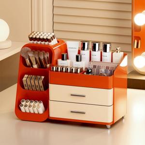 KQJS Makeup Organizer with Drawers,Large Capacity Countertop Organizer for Vanity,Bathroom and Bedroom Desk Cosmetics Organizer,Easy To Storage Skincare,Brushes,Lotions,Lipstick (Red and Cream)