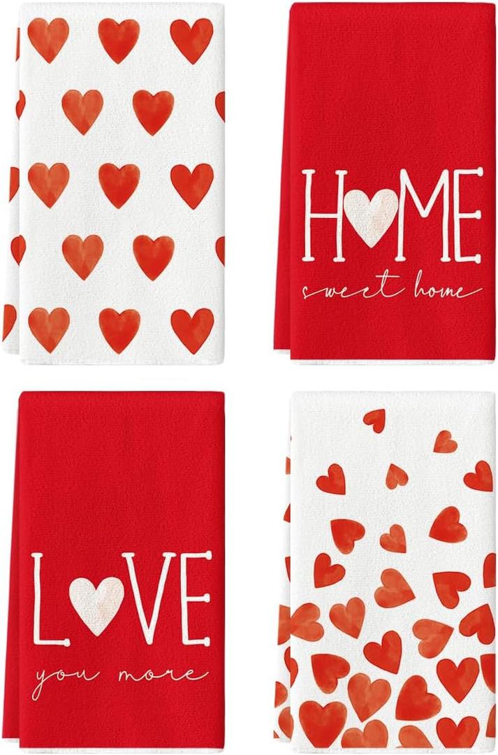 Artoid Mode Red Heart Love Valentine's Kitchen Towels Dish Towels, 18x26 Inch Farmhouse Anniversary Wedding Decoration Hand Towels Set of 4