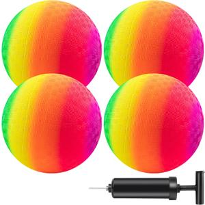 Mic Playground Balls Kickballs 8.5 Inch, Rainbow Playground Ball Set for Kids and Adults, Kick Balls for Indoor & Outdoor Schoolyard Games with Hand Pump(4 Pack)