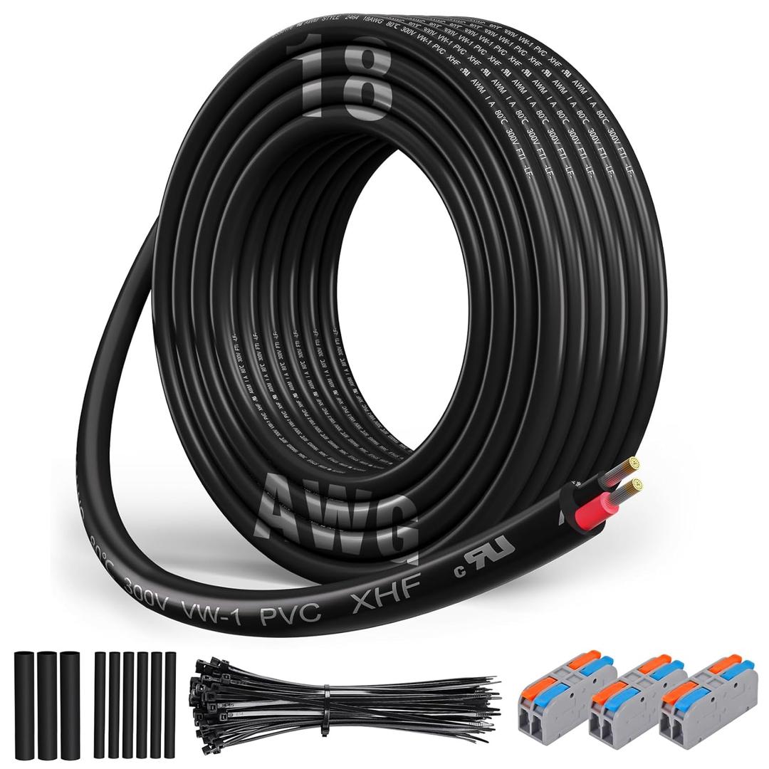 XHF UL Listed 18 Ga Wire 2 Conductor Electrical Wire Tinned Copper Stranded PVC Cord for Automotive Lamp Cord Wire Marine Cable RV 30Ft Black