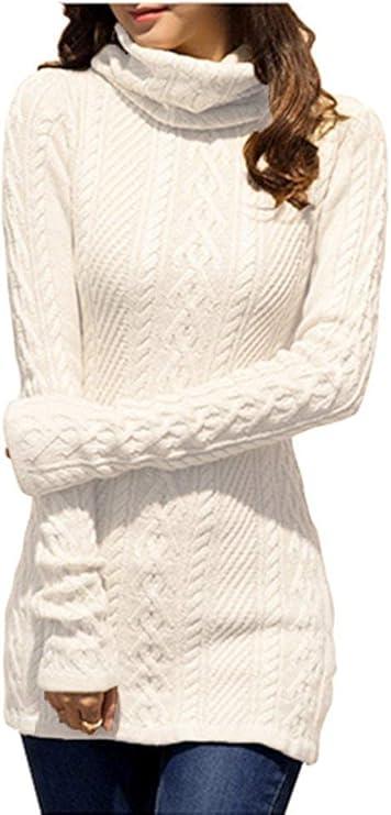 Women Polo Neck Long Slim Fitted Dress Bodycon Turtleneck Cable Knit Sweater S