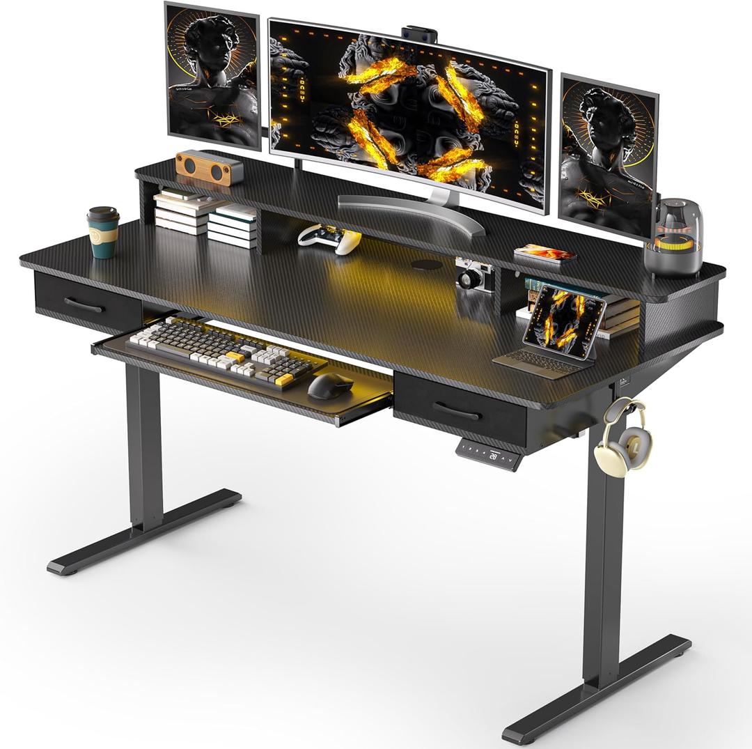 WALKINGDESK 55x24 Inches Electric Standing Desk with Keyboard Tray, Height Adjustable Stand up Desk with 2 Drawers, Ergonomic Sit to Stand Desk with Storage Monitor Stand, Computer Table, Black