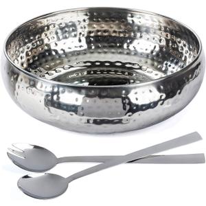 Salad Bowl and Serving Utensils - Hammered Detailing - Stainless Steel Mixing Bowls with Lids- Luxurious Serving Bowls (12" Hammered Salad Bowl)