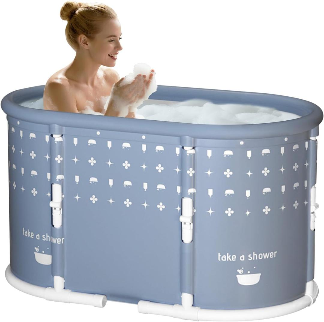 Portable Bathtub, Foldable Bathtub No Installation, Freestanding Shower Bathtubs with Cushion, Collapsible SPA Soaking Bath Tub, Hot & Ice Bath Tub for Indoor Outdoor (Light Blue Gray)