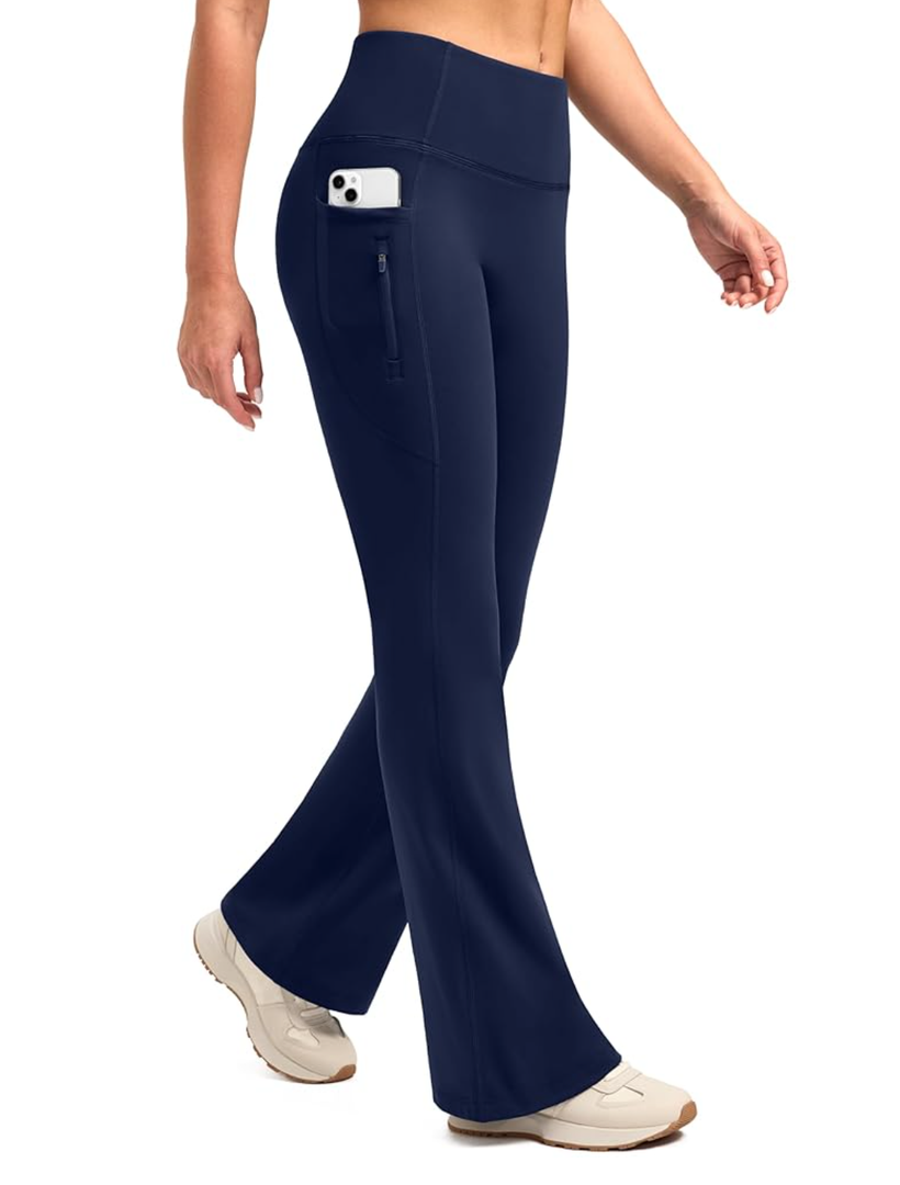 SANTINY Fleece Lined Flare Leggings Women 30.5Water Resistant Winter Bell Bottom Hiking Yoga Pants with Pockets, 30.5" Height, Size S