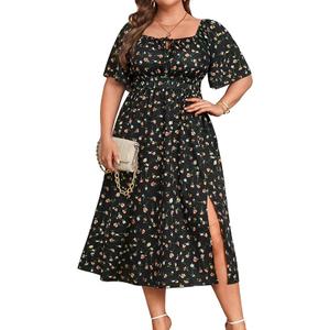 Plus Size Summer Dress 2025 - Milkmaid Sundress Boho Floral Casual Beach Wedding Midi Dresses, (Large Size, Floral Black)