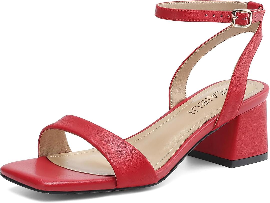 TEAIEUI Chunky Block Heels for Women, Square Open Toe Buckle Heeled Sandals, Strappy Ankle Strap Shoes for Dress, Evening, Daily, Party, Prom, Low Heel (11, Red, XL)