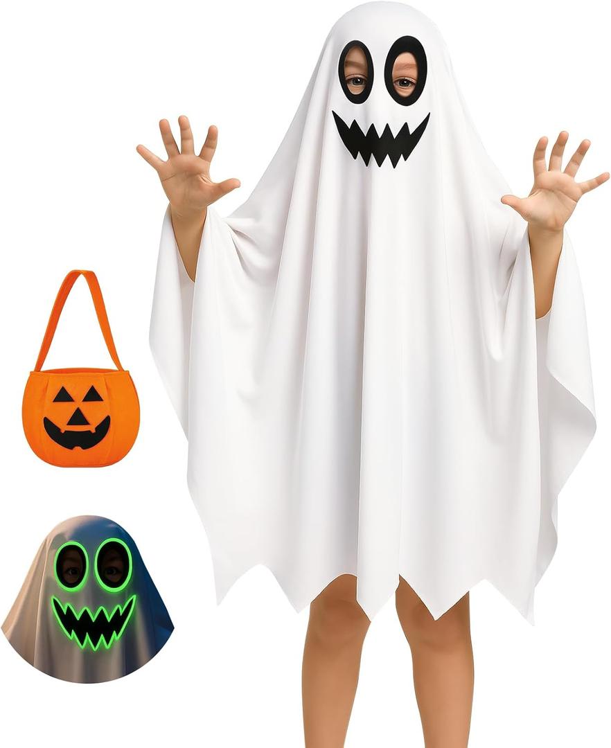 WERFORU Kids White Ghost Costumes with Pumpkin Basket Boo Ghost Cloak for Spooky Halloween Cosplay
