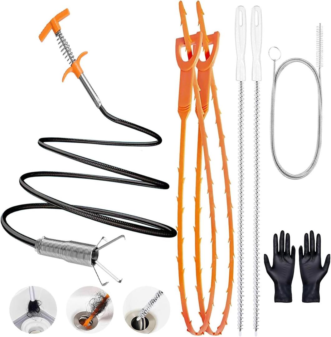 61 Inch Drain Snake Hair Drain Clog Remover Tool, Flexible Sink Snake Drain Cleaner Tool Set, Plumbing Snake for Toilet Sewer Shower Kitchen Bathroom Tub Clogged Hair Removal Cleaning Tool Set