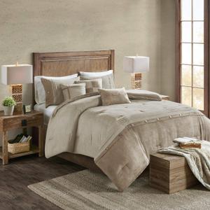 Madison Park Boone Cozy Comforter Set, Faux Suede, Deluxe Hotel Styling All Season Down Alternative Bedding Matching Shams, Decorative Pillow, California King (104 in x 92in), Rustic Tan 7 Piece