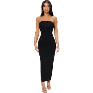 Verdusa Women's Strapless Sleeveless Split Back Long Bodycon Tube Dress Black Petite S