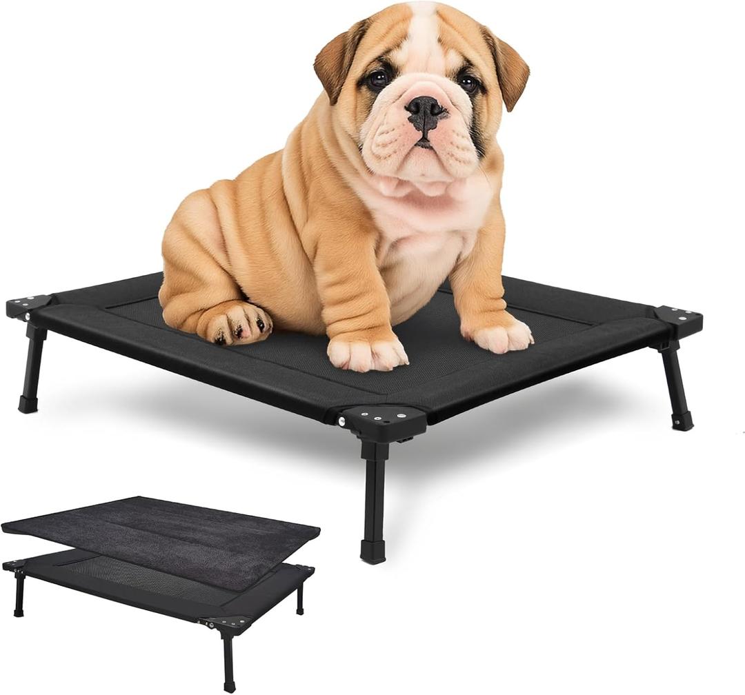 Pozico Elevated Outdoor Dog Bed - Foldable Cooling Dog Cot with Metal Frame & Cushion, Portable Camping Pet Bed for Small Dogs, Breathable Mesh for Indoor & Outdoor Use, Black-M