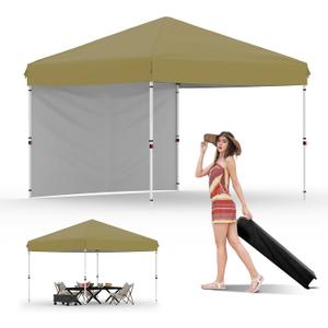 GarveeLife 10x10 Pop Up Canopy with One Sidewalls Easy Up Camping Tent with One Button Push Setup 1 Roller Bag 3 Adjustable Height 4 Weight Bags (Khaki)