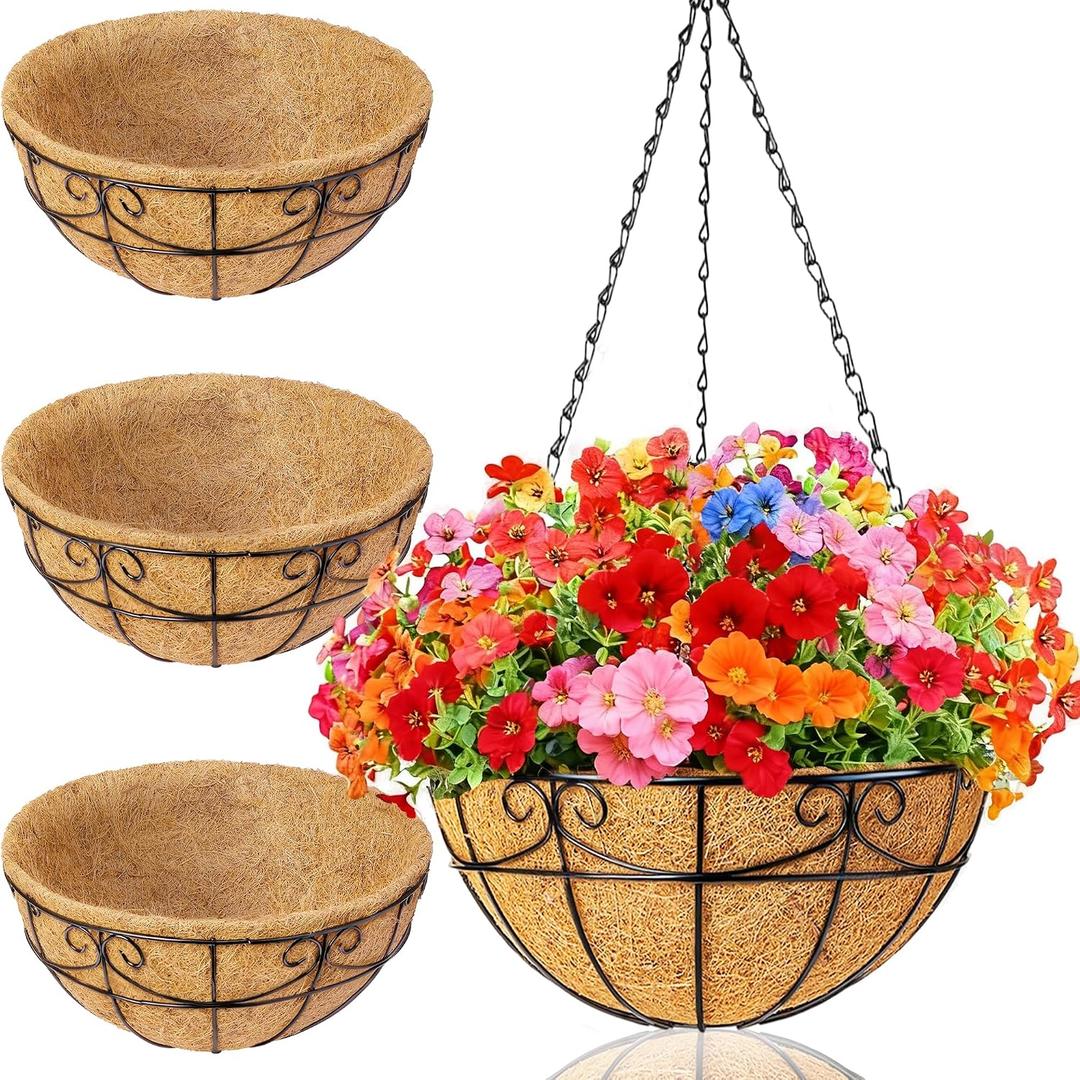 3 Pack 13.5 Inch Hanging Baskets for Plants Outdoor - Metal Hanging Planters for Outdoor Plants with Coco Liners - Heavy Duty Empty Hanging Flower Pots for Porch Patio Garden