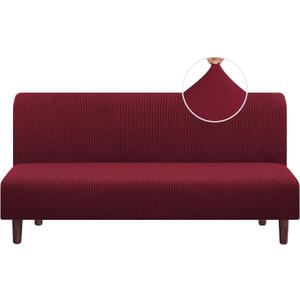 PrinceDeco Stretch Futon Cover,Armless Futon Slipcover Full Queen Size Futon Couch Cover, Sofa Cover Bed Cover Furniture Protector with Elastic Bottom, Checked Pattern Jacquard, Burgundy