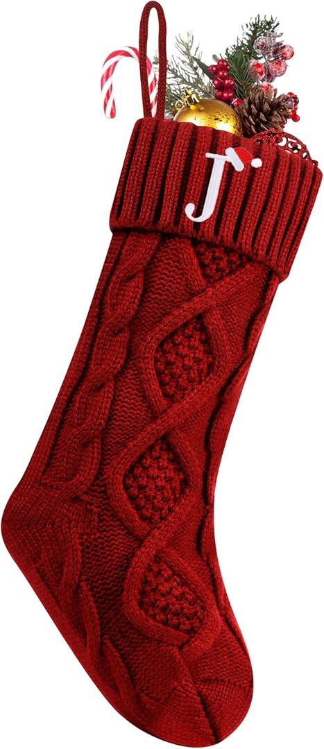 Personalized Christmas Stockings with Initials, 18 Inches Large Embroidered Monogrammed Cable Knit Christmas Stocking for Family, Xmas Holiday Party Gifts & Decoration for Fireplace(Burgundy,Letter J)