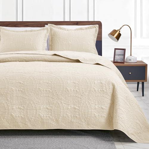 Love's cabin King Size Quilt Bedding Set Beige Bedspreads - Bed Summer Quilt Lightweight Microfiber Bedspread- Coin Pattern Bedding Coverlet for All Season - 3 Piece (1 Quilt, 2 Pillow Shams)