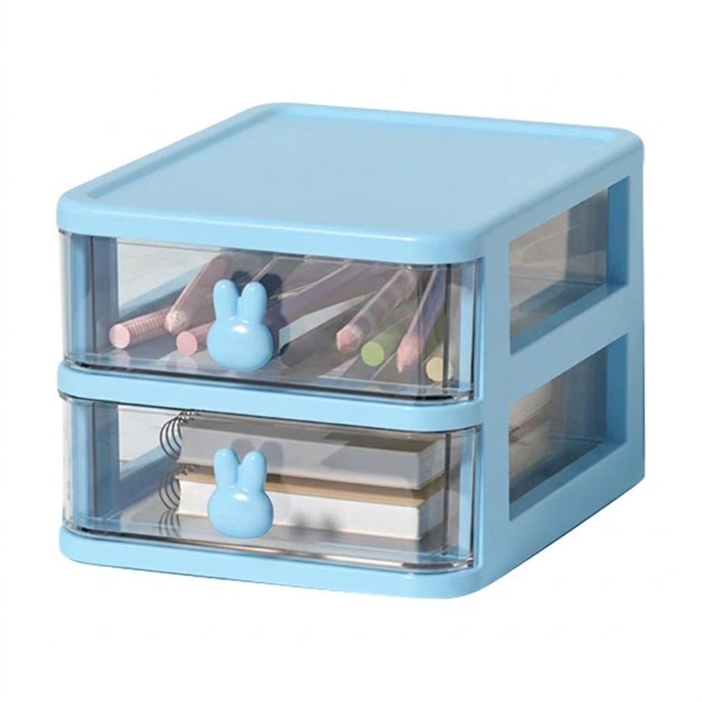 Multi-Tier Transparent Plastic Desk Storage Box with Bunny Handle - Large Capacity Drawer Organizer for Office, Books, Pens (blue, 2 Tier, 13.4x17x11cm)