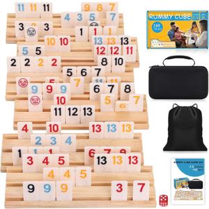Rummy Cube 6 Player Edition with 6 Wooden Racks 160 Tiles Rummy Cube Game with Case 6 Players Travel Size Rummy Game Large Number Rummy Tiles Travel Game Set for Family Classic Board Games