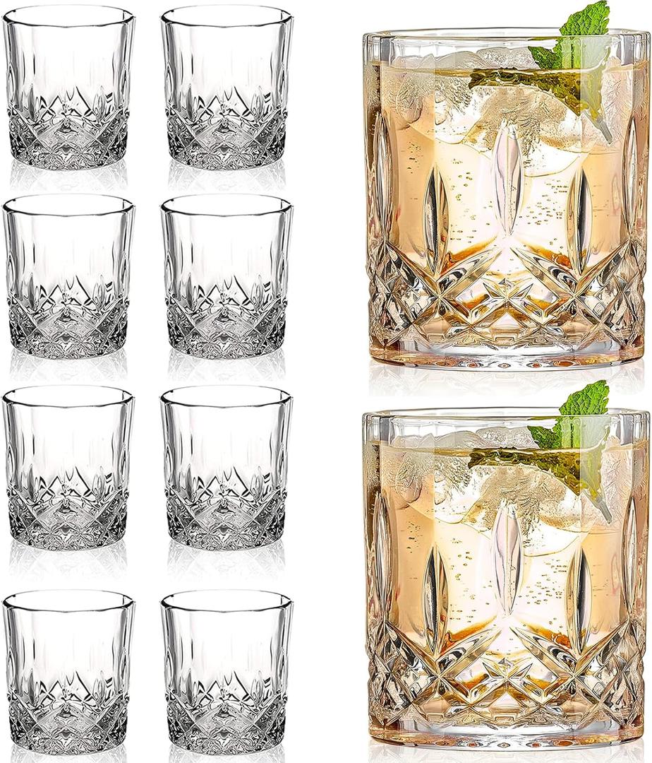 Crystal Whiskey Glasses Set of 8(Buy 6, get 2 Free), 11 OZ Old Fashioned Whiskey Glasses, Bourbon Cocktail Rocks Glasses, Clear Bar Glasses for Drinking Scotch Gift for Men