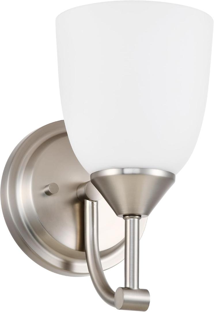 Traditional 1-Light Indoor Wall Sconce with Frosted Glass Bathroom Bedroom Hallway, 9.6" H x 5.5" W, Brushed Nickel