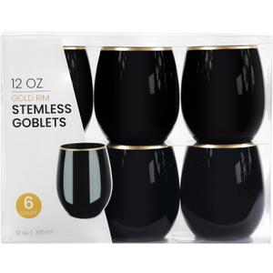 PLASTICPRO 6 Pack Black With Gold Rim Plastic Wine Glasses Stemless Disposable 12 oz BPA Free Shatterproof Plastic Wine Cups Wine Glasses for Parties