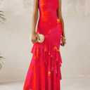 PRETTYGARDEN Maxi Dresses for Women 2025 Summer Tiered Floral Beach Sundress Spaghetti Strap Wedding Guest Long Dress (Orange Red Big Floral,Small)