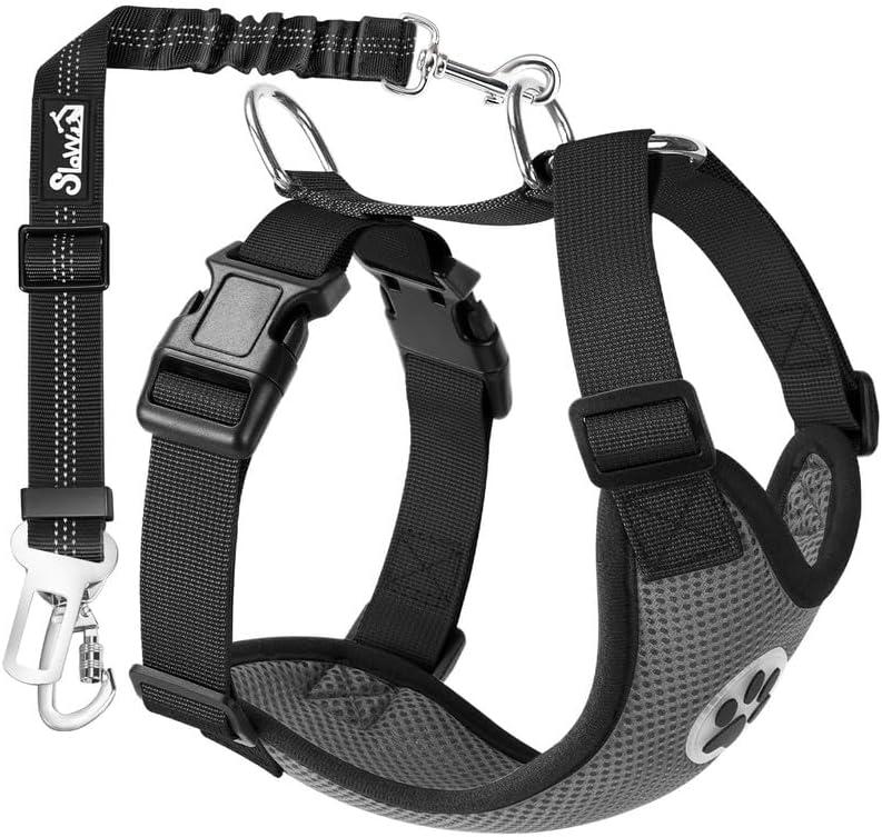 SlowTon Dog Seat Belt Harness for Car, Dog Car Harness Adjustable Mesh Breathable & Dog Seatbelt Safety Tether with Elastic Bungee for Pets(Grey, Double Clip, M)