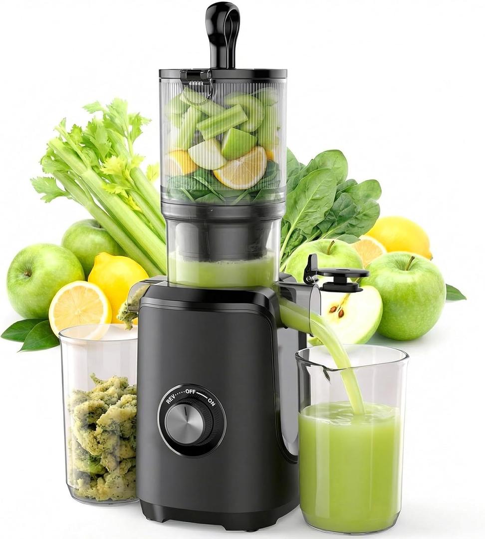 NEWBULIG Cold Press Juicer Machines, Masticating Juicer with High Juice Yield, Reverse Function, Stops Oxidation and Easy to Clean for Vegetables & Fruits, Black (Large)