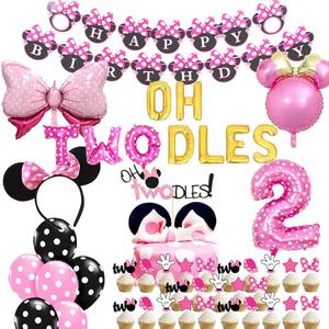 Cute Mouse Birthday Decorations, Oh Twodles Party Supplies Girl 6th, Party Decorations for Girls with Includes Happy Birthday Banner, Tablecloth, Cake Cupcake Toppers,Bow Foil Balloon (Color 6)