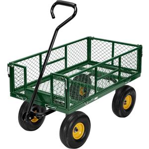 VIVOHOME Heavy Duty 880 Lbs Capacity Mesh Steel Garden Cart Folding Utility Wagon with Removable Sides and 4.10/3.50-4" Wheels 10 Inch Tire(Green) (Large)