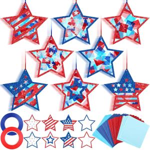 DoubleFill 48 Pcs Memorial Day Patriotic Suncatchers Crafts Kits 4th of July 250th Anniversary Crafts Red Blue White USA Tissue Paper Craft Make Your Own Stained Glass Window Ornaments for July 4th
