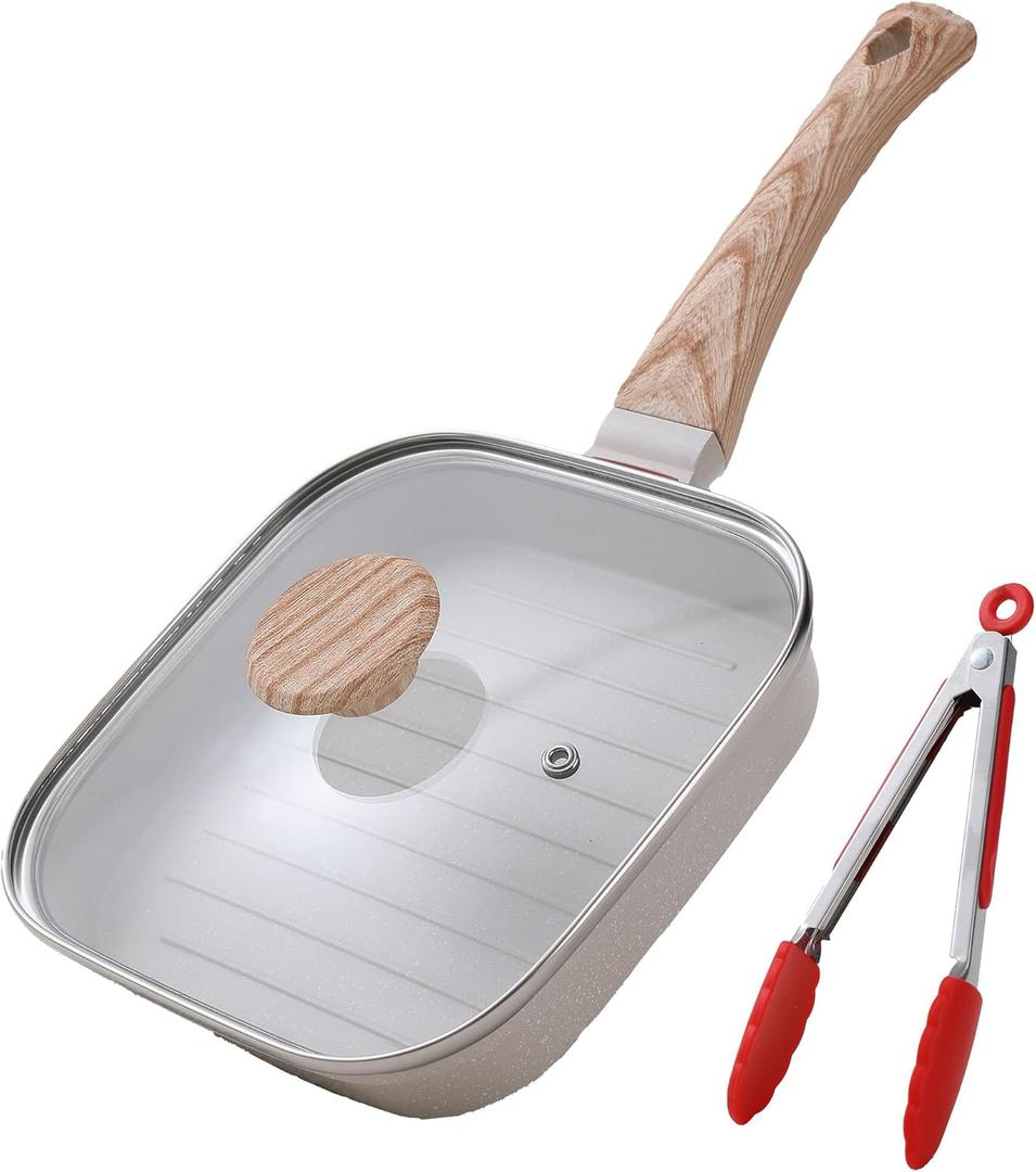Grill Pan with Lid Non Stick Griddle Pan for Stove Top Indoor Cooking Steak Pan Square Aluminum Skillet Grilling Induction Compatible with Tong White 7.48 inches