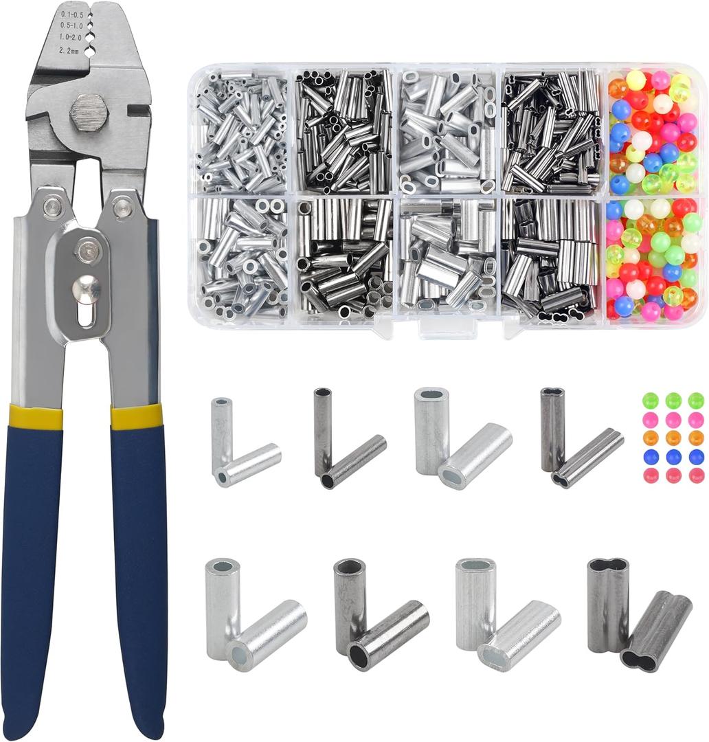 Fishing Crimping Tool Kit Stainless Steel Crimp Pliers Wire Rope Crimping Tool + 590pcs Crimp Sleeves Beads Kit, 8 Crimping Sizes