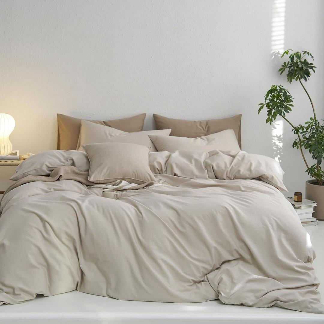 MooMee Oversized Queen Duvet Cover Set, 100% Washed Cotton Linen Like Twill Thick Sturdy Material Super Soft Breathable Durable Bedding for All Season, 3 Pieces (Cream Grey, Oversized Queen 98"x98")