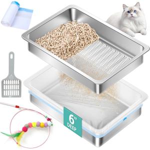 Stainless Steel Sifting Litter Box for Pine Pellets,Sifting Cat Litter Box for Wood Pellets,Extra Large Sifter Litter Pan System with Litte Liners and Scoop-20 ''Lx 13.8''W x 6''H