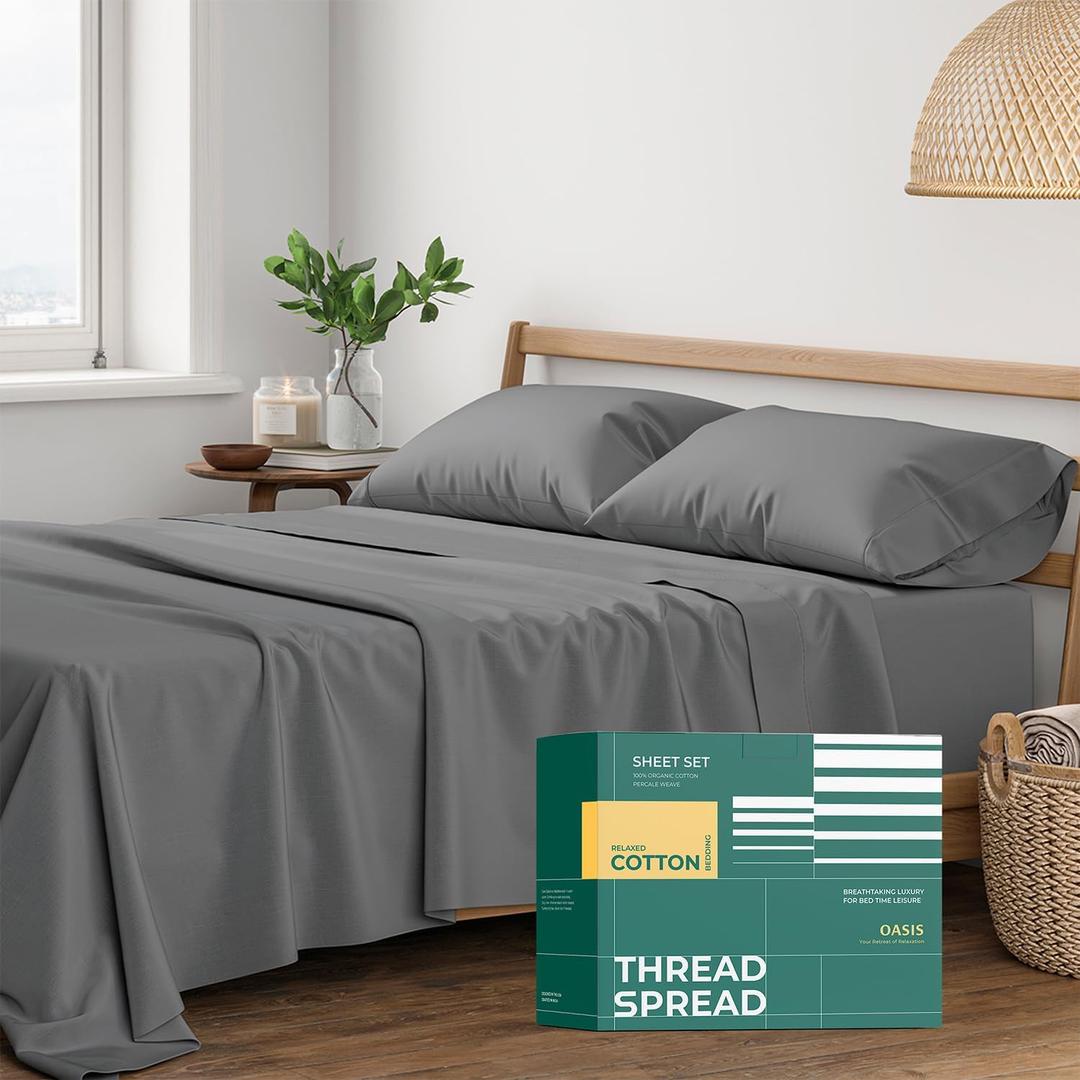 THREAD SPREAD 100% Organic Cotton Sheets Full Size - 4 PC Organic Cotton Full Percale Weave Sheet Set, Soft, Cooling, Crisp & Breathable, 16" Deep Pocket Hotel Quality Bedding Set - Dark Grey